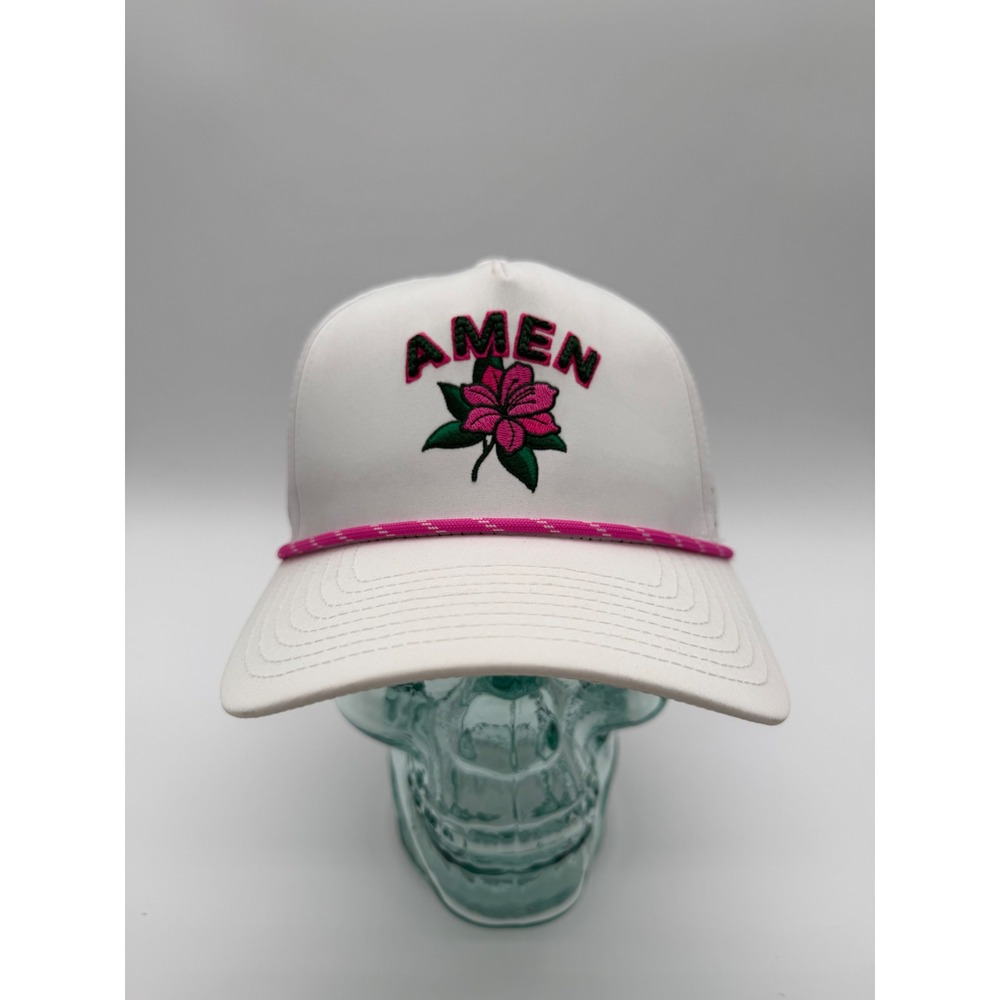Pins & Aces Amen Golf Hat White Pink Floral Augusta Perforated Snapback Rope Cap